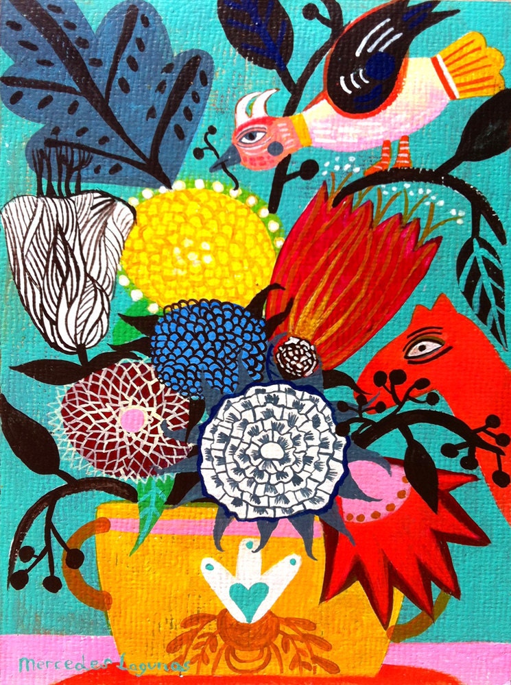 8,2 x 11,8 inches Original Art painting flowers. Birds art, butterfly art, bohemian art, folk art, naive art. Primitive art.