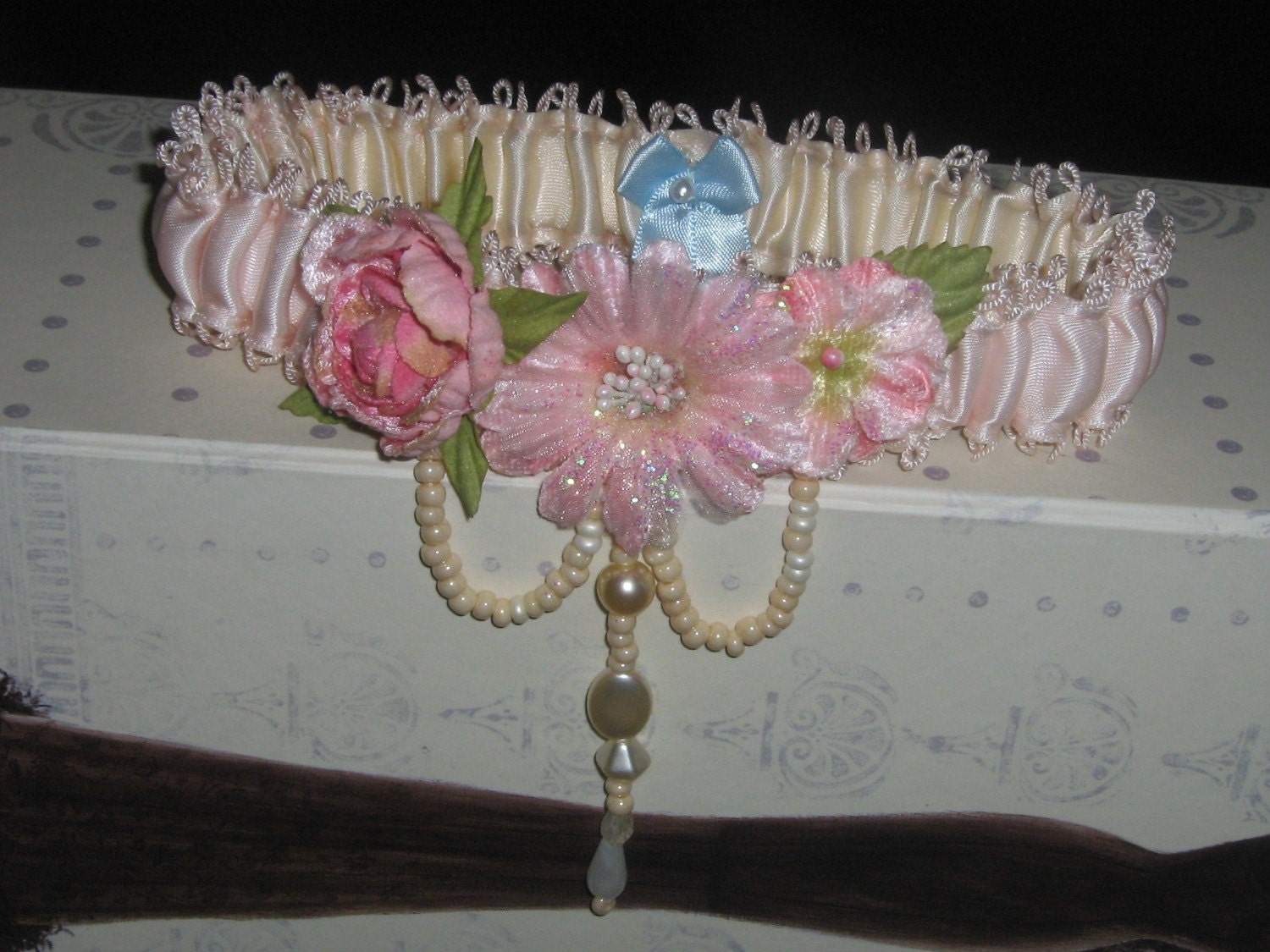 Bride's Wedding Garter, Pale Pink Satin Garter, Powder Pink Garter, Shabby Chic Garter, Beaded Garter, OOAK Garter, Whimsical Floral Garter