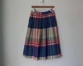Vintage Plaid Skirt ... Blue Pink Full 1980's Wool ... Medium / Large
