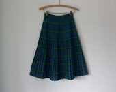 Pleated Plaid Skirt ... 1970's Blue Green Tartan Kilt ... Small