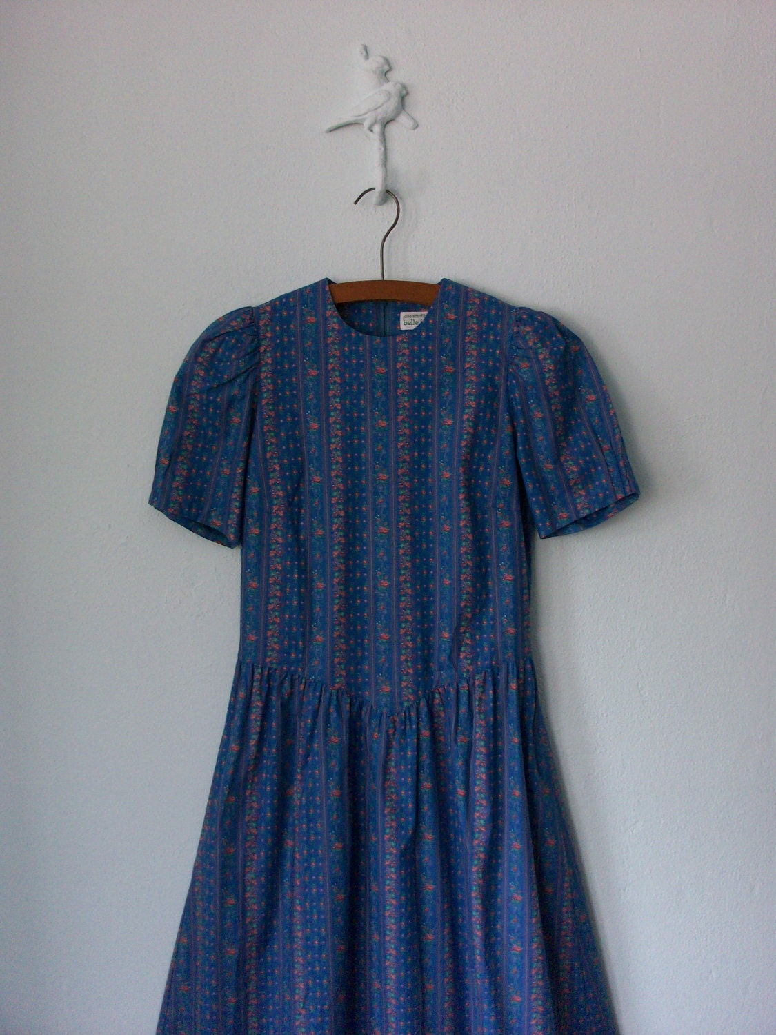 French Floral Dress ... Vintage 1970's Blue Pastoral Frock ... Small / Medium