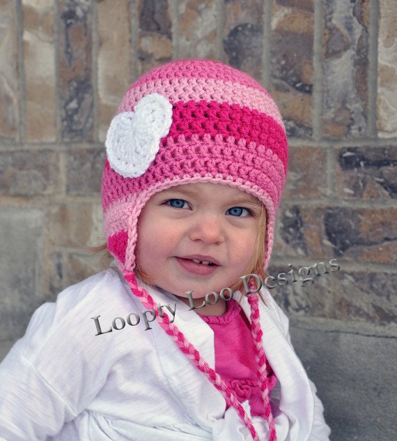 Girl Crochet Earflap Hat with Heart -- 12 MONTH AND UP   (more colors available - Berrylicious, Pink Poodle, Blush shown)