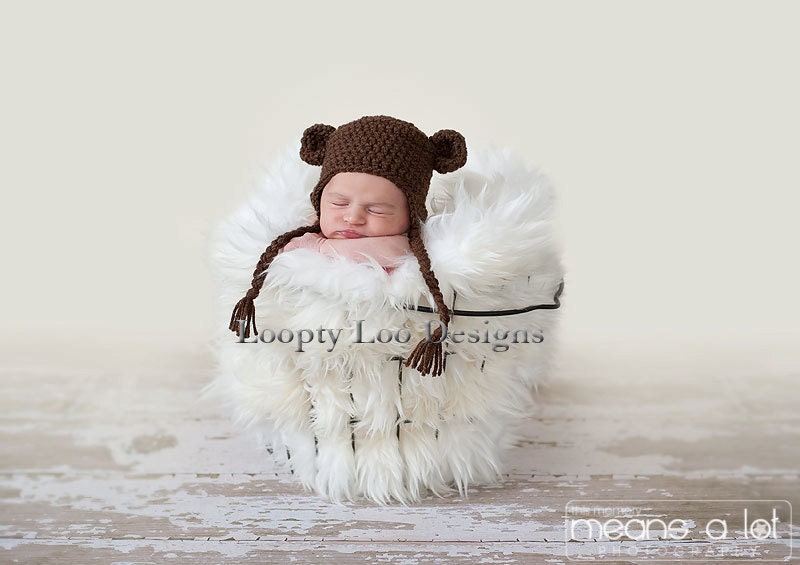 Newborn Photo Prop, Crochet Teddy Bear Earflap hat, Teddy Bear beanie, girls hat, brown hat, -Sizes NEWBORN TO 12 MONTHS -more colors