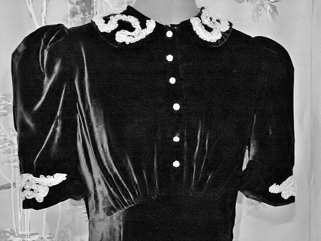 Dress - Full Length Black Velvet Evening - Circa 1930's