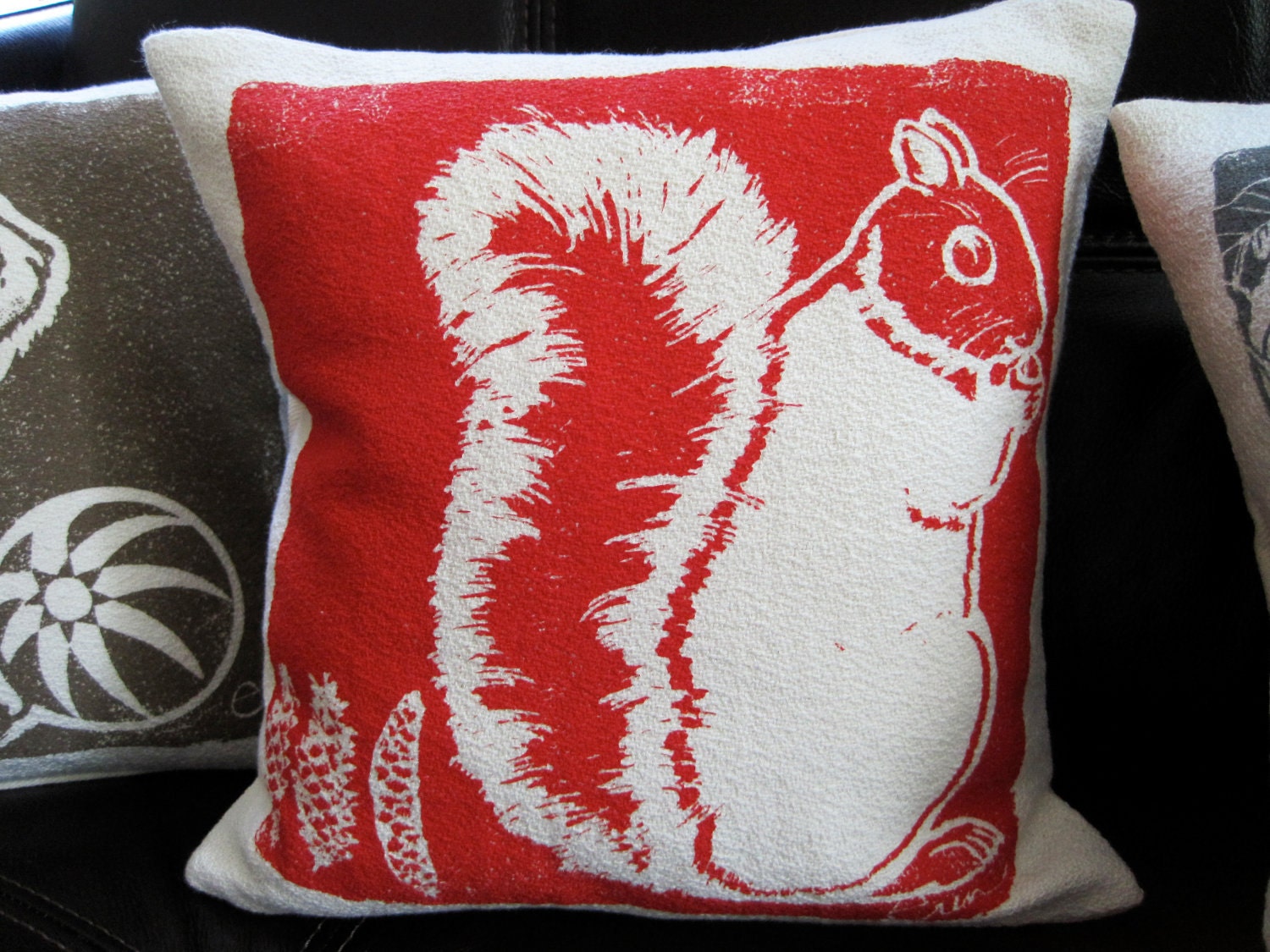 Decorative Pillow, Cushion, Red, Squirrel, Cotton Bark Cloth, Hand Screened, 10x10 inch, silk screened