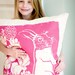 Hot Pink Bunny Pillow, Kid Pillow, Hot PInk, Cotton Bark Cloth, 20x20 inch, Silk Screened