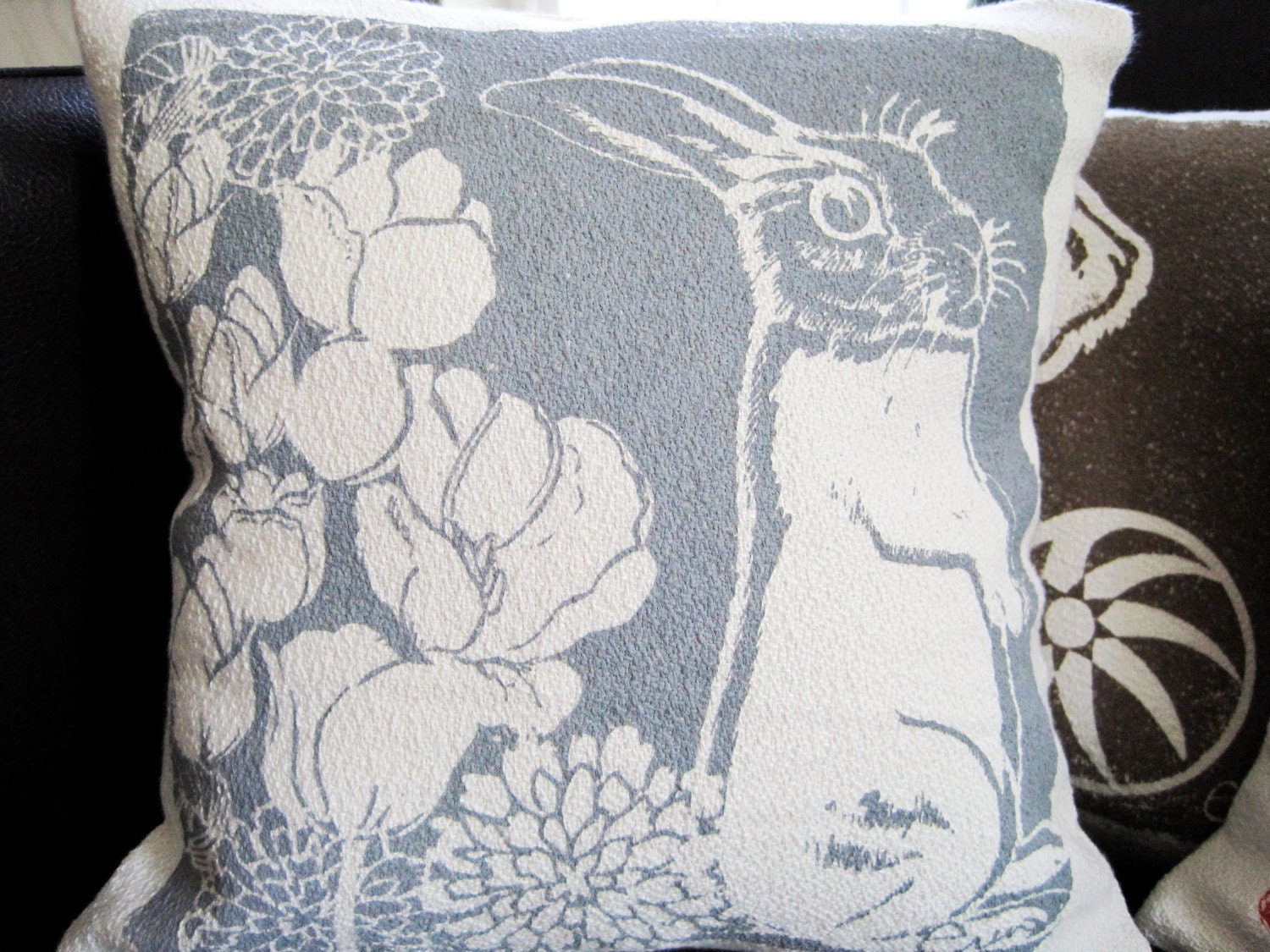 Decorative Pillow, Gray, Bunny, Hand Screened on Cotton Bark Cloth, 10 inch