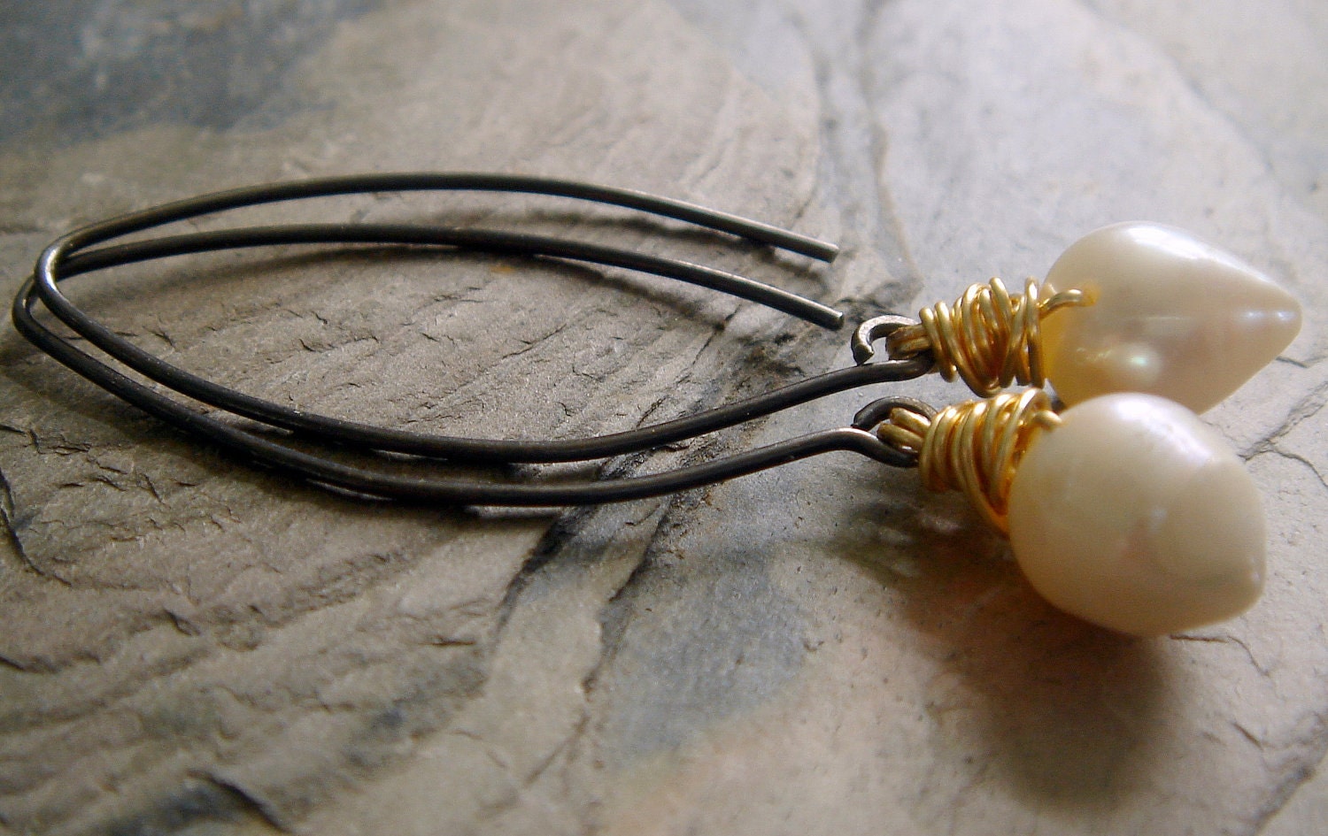white freshwater pearl teardrops on 14k filled gold oxidized sterling silver - modern pearl earrings