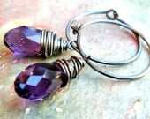 faceted dark purple eggplant crystals on handmade hammered oxidized sterling silver - evening comes earrings