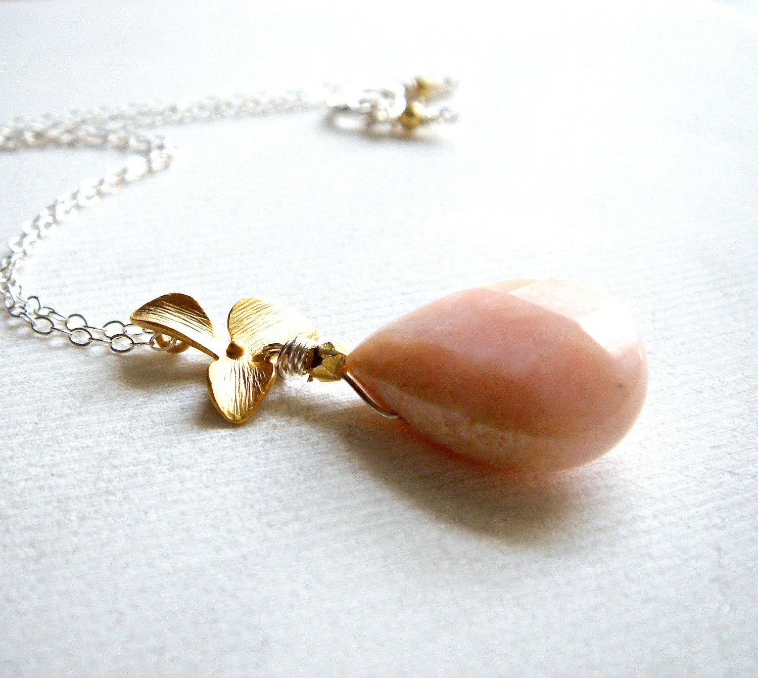 faceted light pale pink opal october birthstone gold and sterling silver - peace necklace