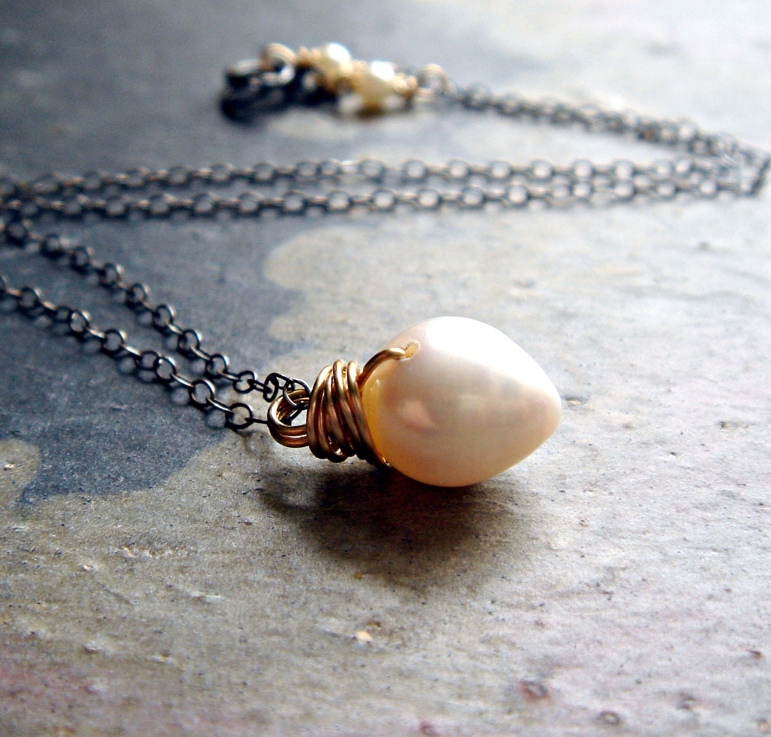 natural white cream freshwater pearl filled 14k gold and oxidized sterling silver - modern rustic pearl necklace