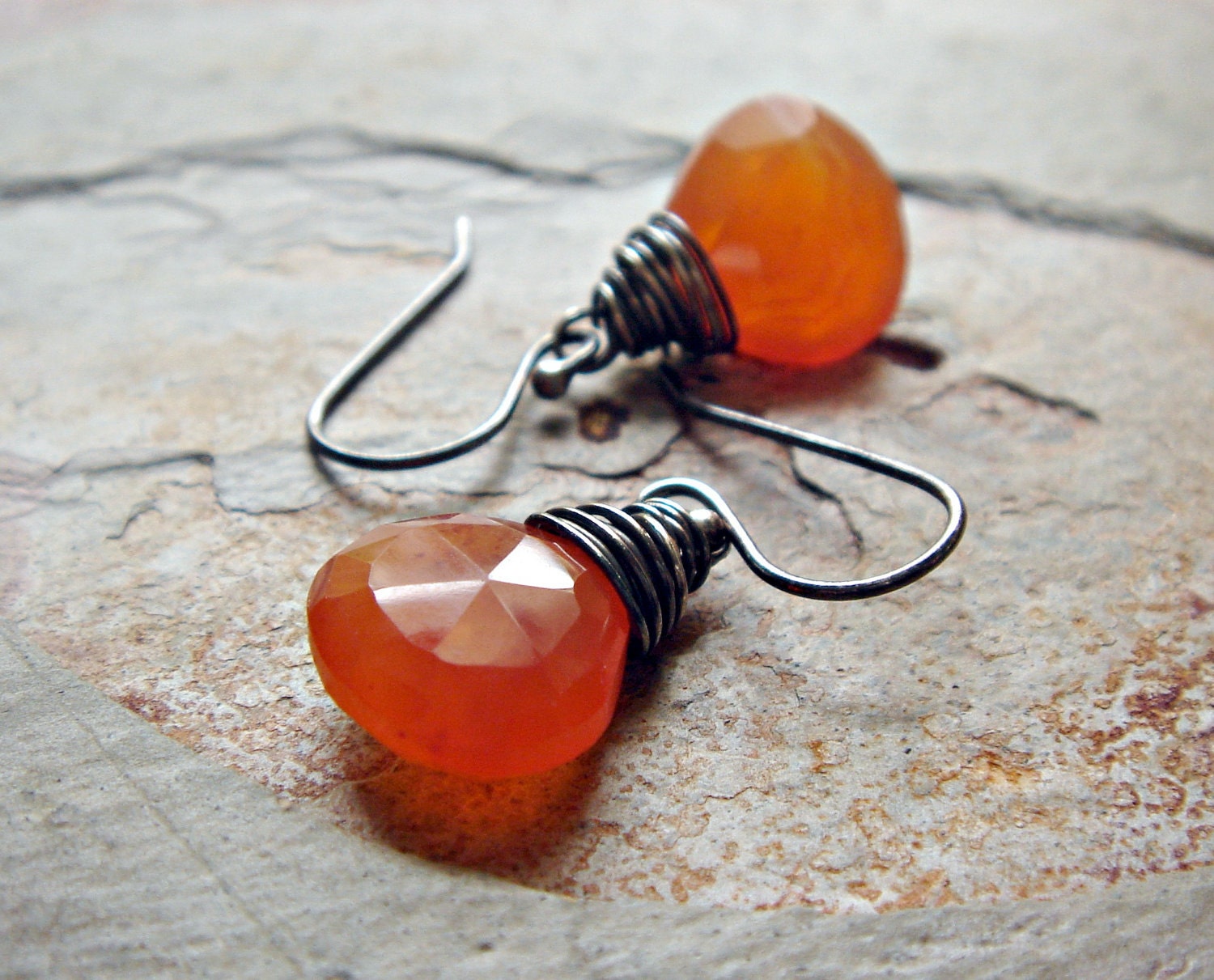 faceted pumpkin orange rust oxidized sterling silver -  bitter sweet earrings