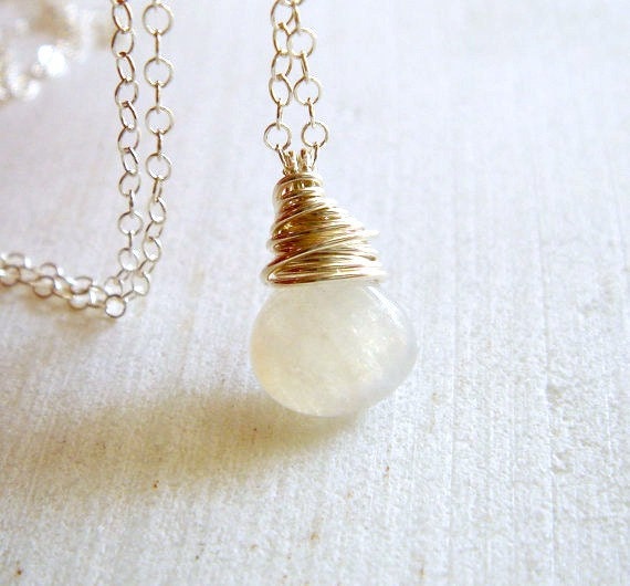 smooth petite white rainbow moonstone on sterling silver - snow necklace