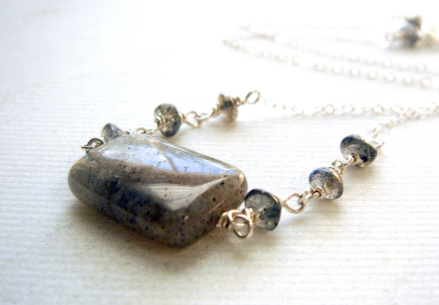 smooth gray blue flash labradorite stone on sterling silver - morning fog necklace