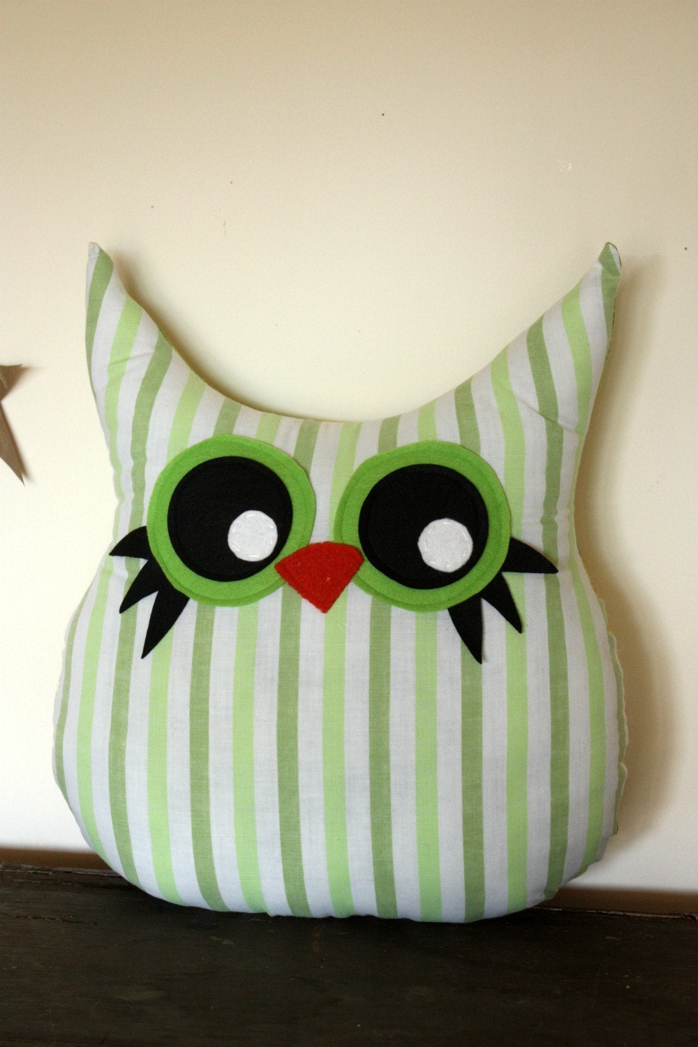 owl pillow plush toy, owl stuffed animal, handmade in green- 5 orange potatoes