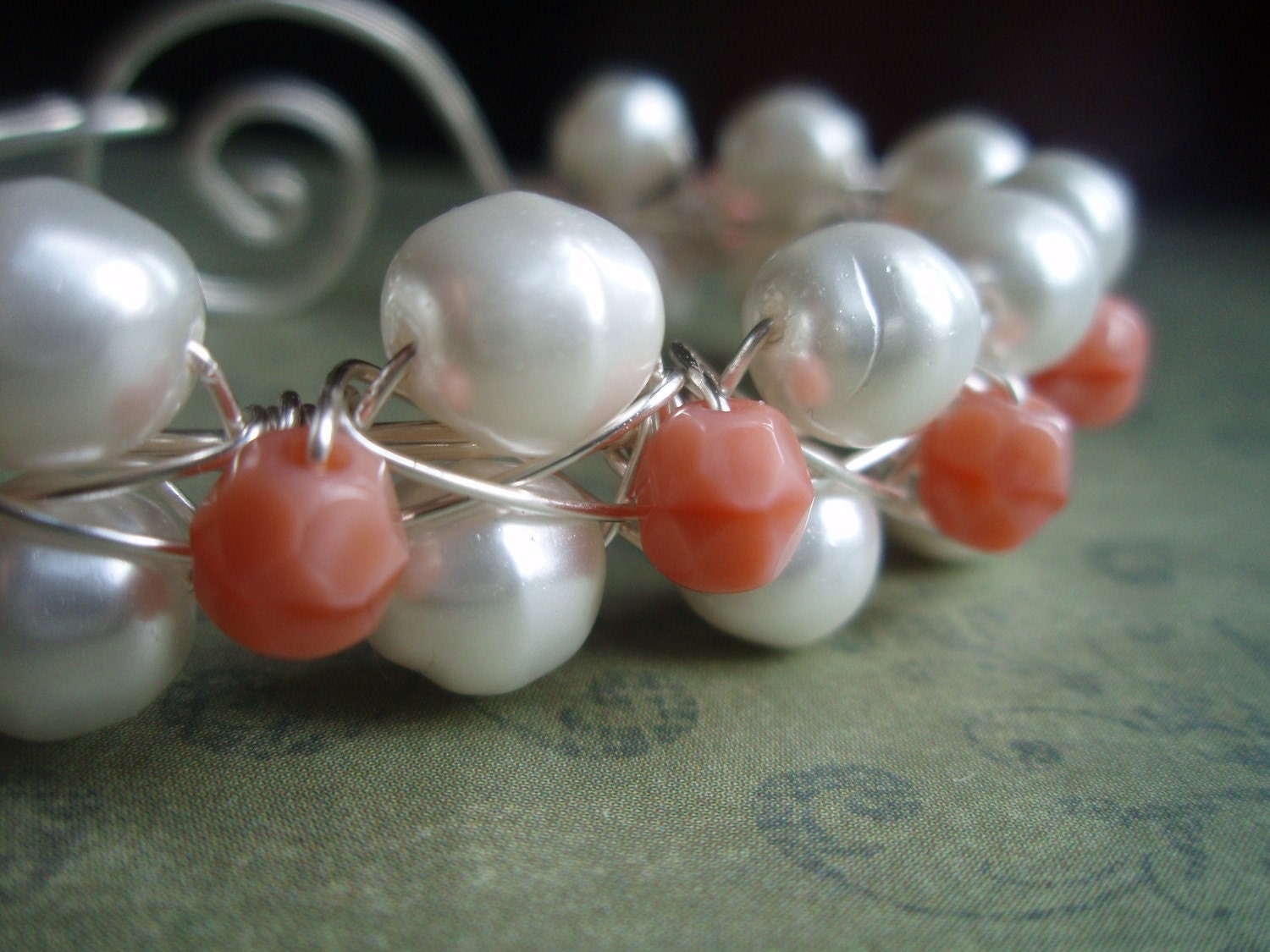 Peach and Pearls Bridal Wire Bracelet