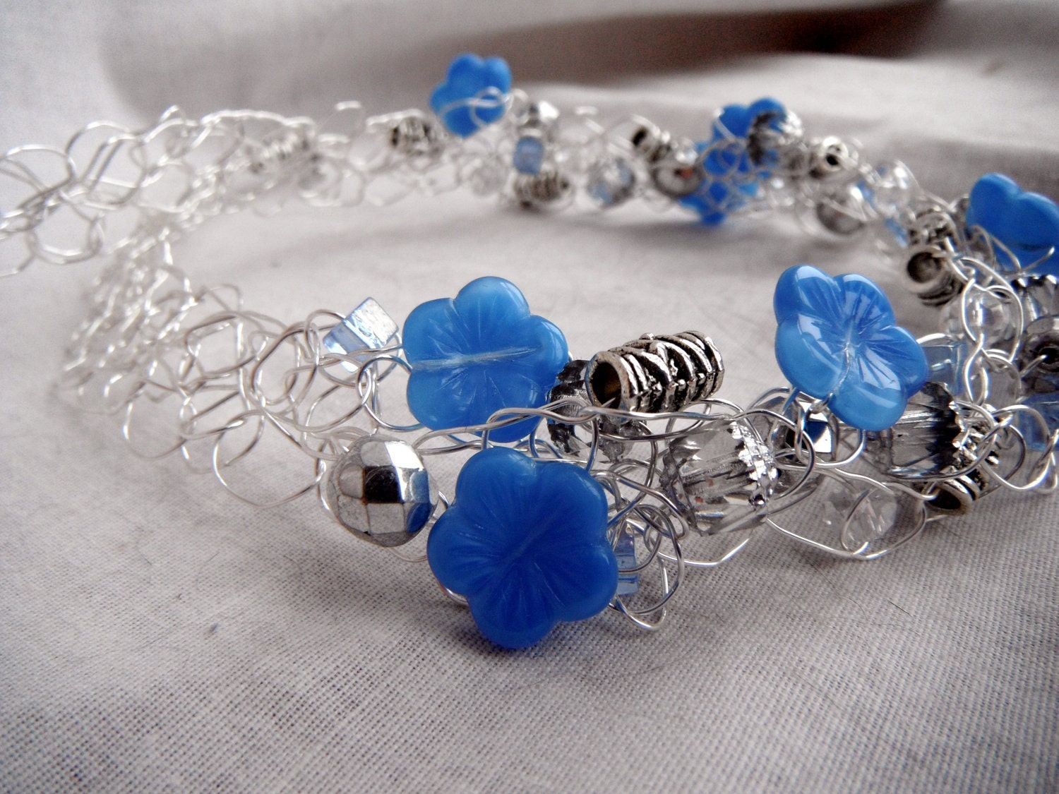 Blue Hibiscus Necklace - Silver Wire Crochet