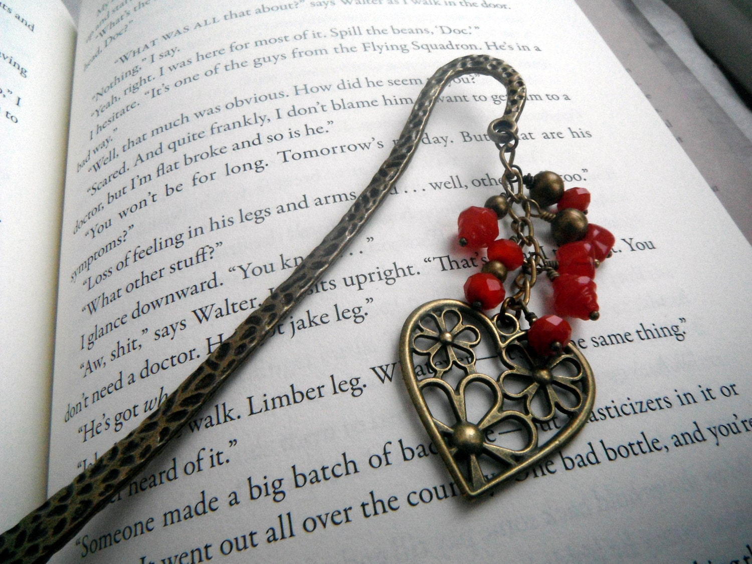 Antique Bronze and Red Heart Bookmark