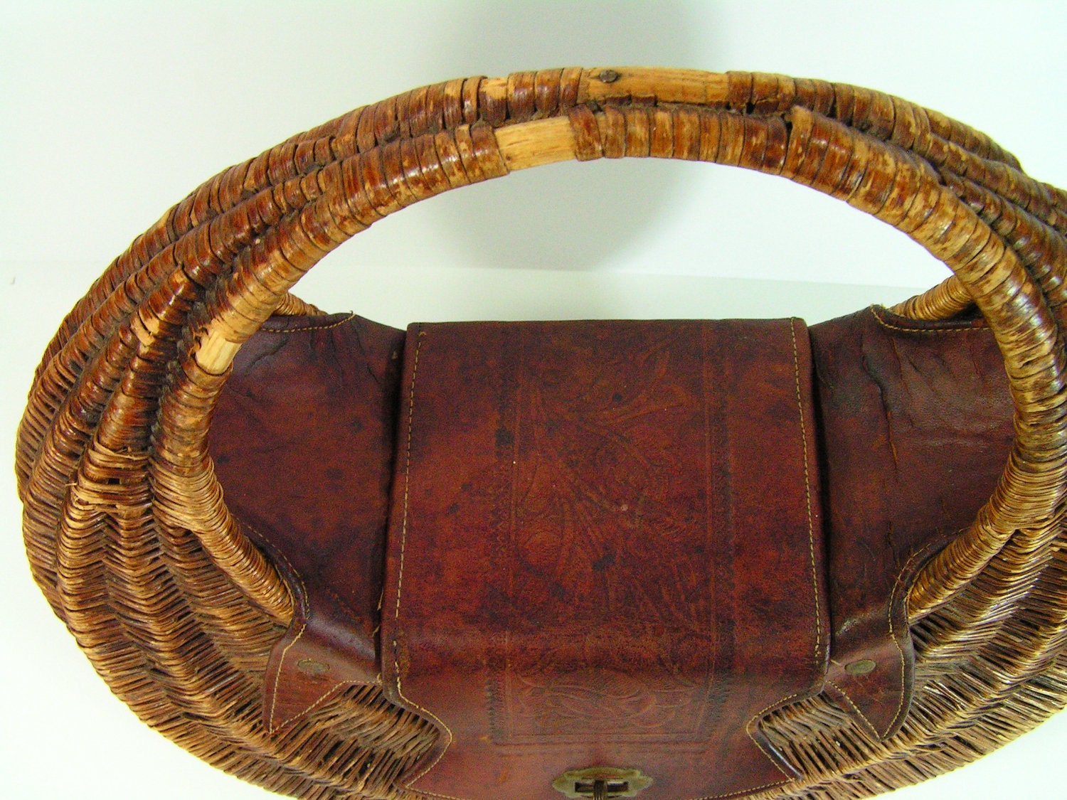 vintage purse tote bag woven straw tooled leather western cowgirl cowboy 1950s
