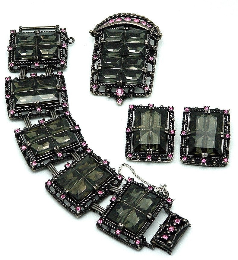 Vintage Sarah Coventry MIDNIGHT MAGIC Rhinestone 3pc Set Brooch Pendant, Bracelet and Earrings Full Parure