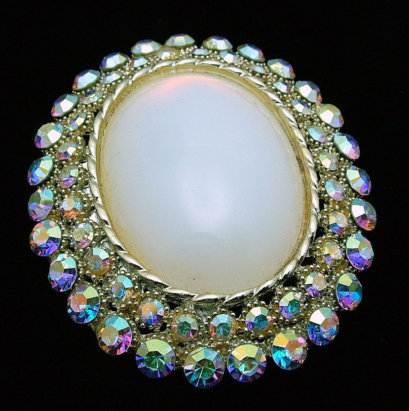 Vintage Oval Moonstone Pendant Brooch 2-1/2 Inches Long