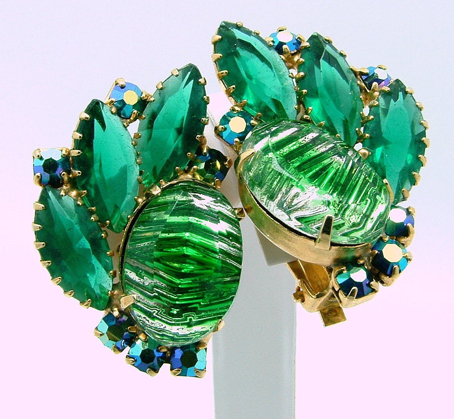 RESERVED For DANA Vintage Art Glass Parure Bracelet Brooch Earrings Green Ribbed Cabochons And AB Chatons