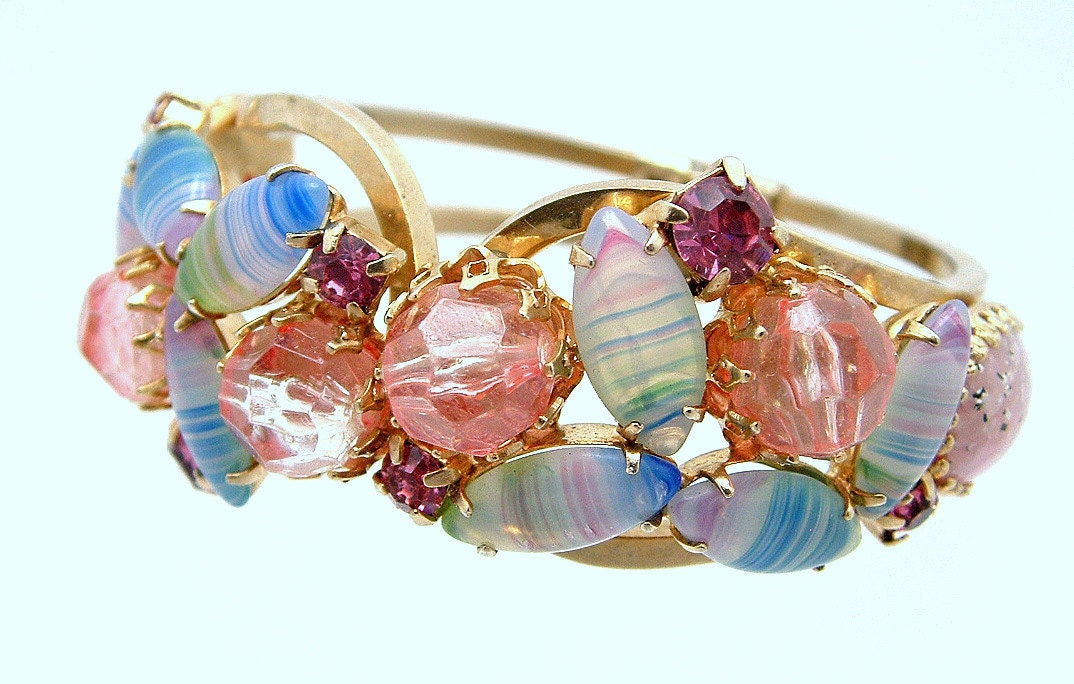 Vintage Art Glass Clamper Bracelet With Blue Striped Navettes & Molded Pink Beads
