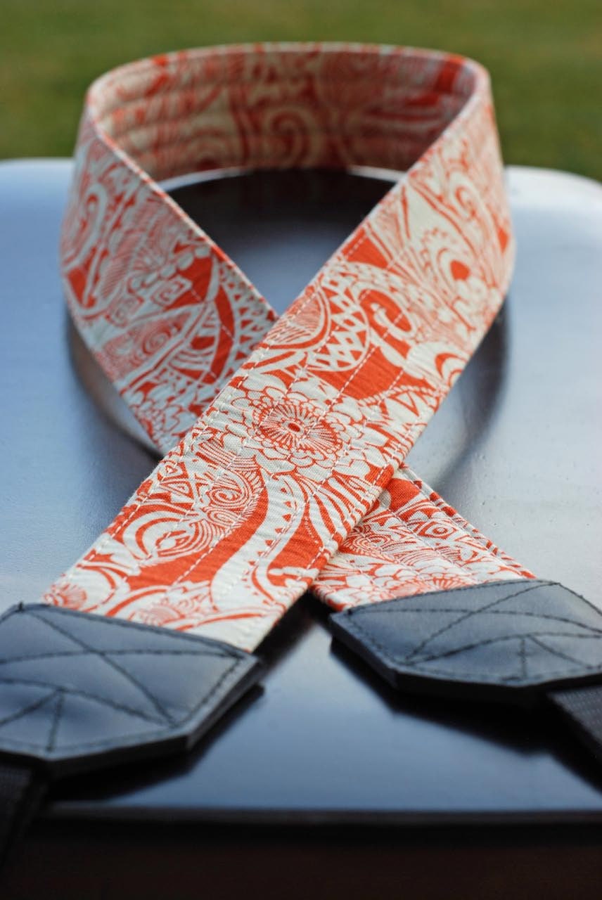 Tribal Orange SLR Camera Strap with Leather Ends-Free Shipping
