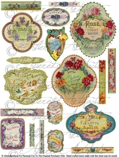 Vintage French Perfume Bottle Fragrance Label Lable Digital Collage Sheet Download