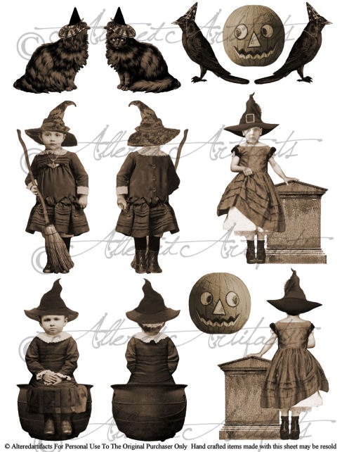 Vintage Front Back Puppet Witchy Witch Black Cat Crow Raven Halloween Scraps Clipart Steampunk Digital Collage Sheet Download Party