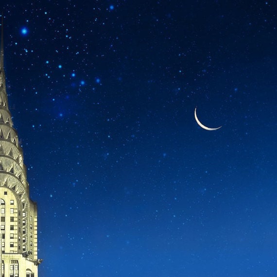 New York City print, Chrysler Building, photography, Art Deco, mad men, dark blue, navy, moon, starry sky 8x8 - Raceytay
