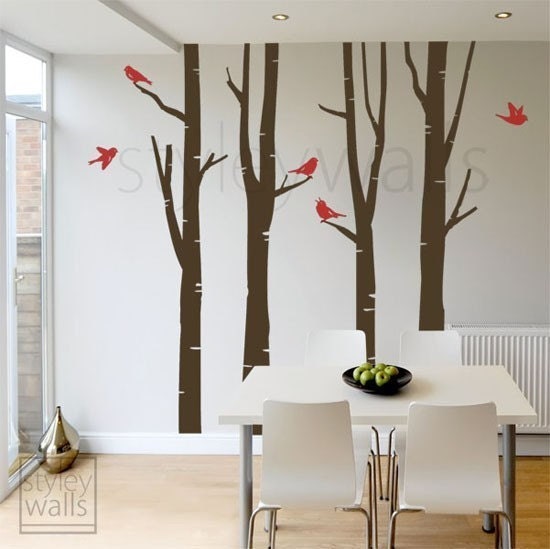 100inch Tall Birch Trees and Birds in Winter - GIFT BIRDS - Vinyl Wall Decal - styleywalls