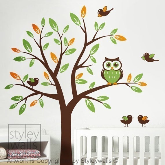 Wall decal Owl Wall decal Tree decal and Birds - Nursery Wall Decal Kids room decal Children wall decal Baby room sticker Art decor