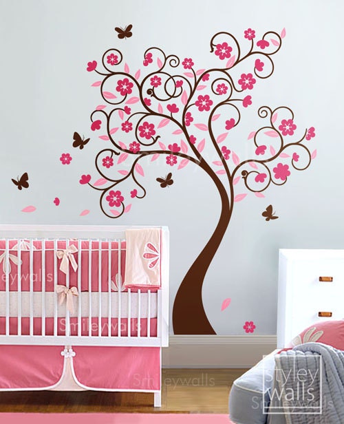 Tree Wall Decal Wall Sticker Wall decal Flower tree decal Cherry blossom Curly Flower Tree Butterflies Kids Children Nursery Wall Decal