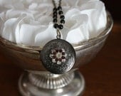 Round Gunmetal Locket with Repurpsed Vintage Crystal and Purple Rhinestone Flower Earring Necklace