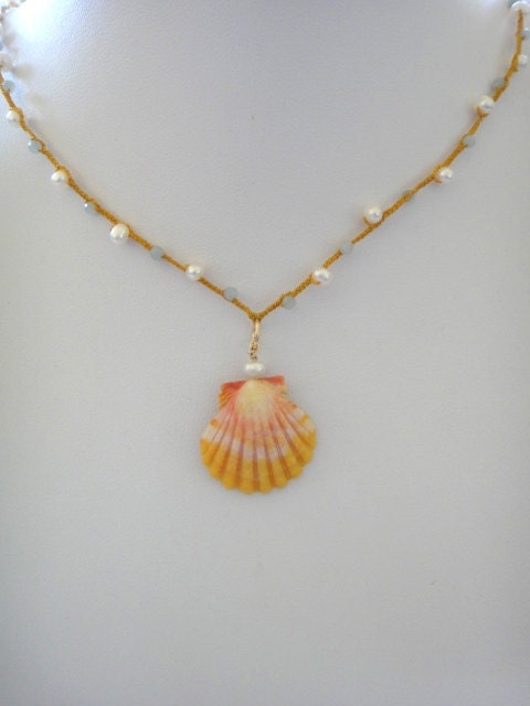 Sunrise Shell on Gold Braided Cord with Pearls and Apatite