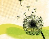 dandelion art print (11x14 matted, flower with seeds flying on green & yellow background)