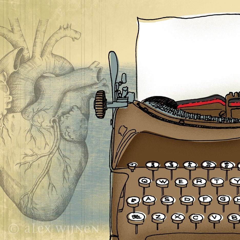 11x14 illustration print: From the Heart (vintage typewriter with blank page, anatomical heart)