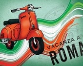 11x14 illustration print: Roman Holiday (red vespa scooter with Italy flag and collosseum)