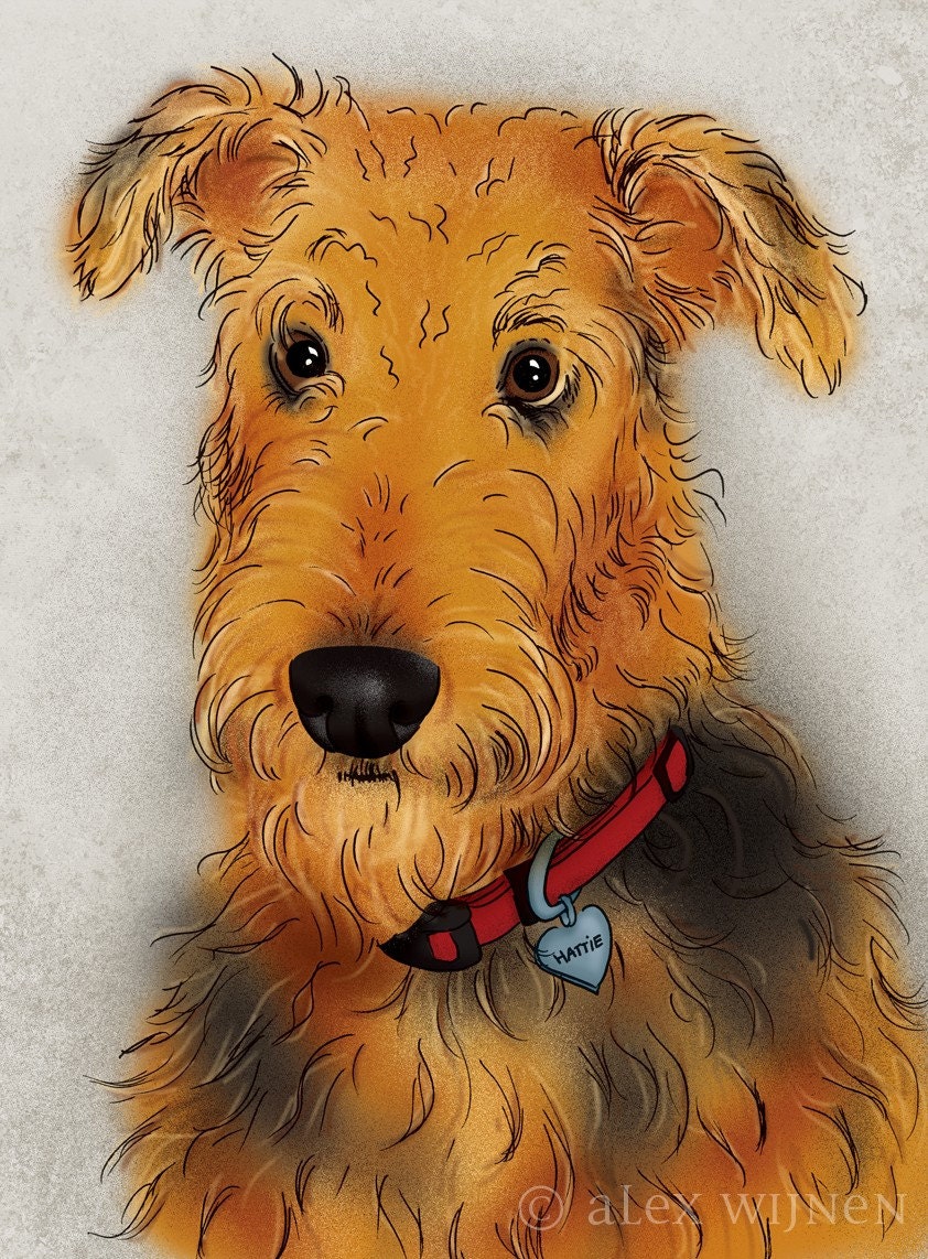 personalized Airedale Terrier, 8x10 illustration print (includes mat), your dog's name on heart-shaped tag