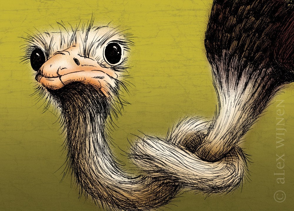 11x14 illustration print: Hard to Swallow (ostrich with knotted neck, green background with brown)