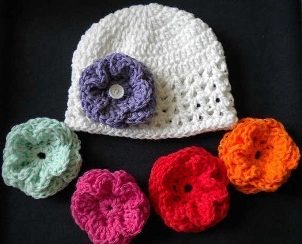 GARDEN PARTY Baby Beanie, Headband And 5 Interchangable Flowers - white, pink,orange,purple, aqua and red - Great Photography Prop