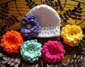 GARDEN PARTY Baby Beanie - Headband And 5 Interchangable Flowers-pink-orange-purple-yellow and soft teal...Baby Girl Hat