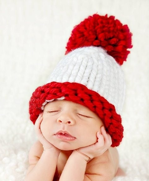 Newborn - 3 Months POM POM Hat in Red and White...Great Photo Prop