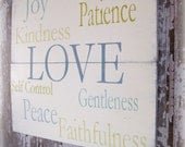 Fruits of the Spirit- Galatians 5:22- Love, Joy, Peace-Antiqued Plank Typography Sign
