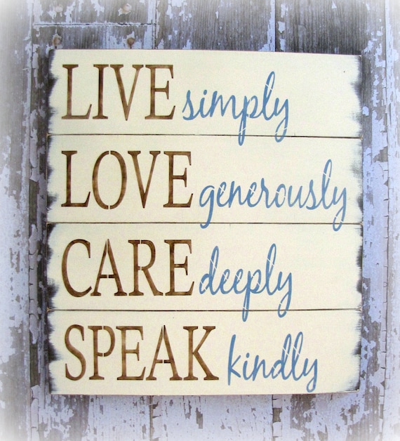 Live, Love, Care & Speak- Antiqued Plank Typography Sign-Antique White, Brown and Blue