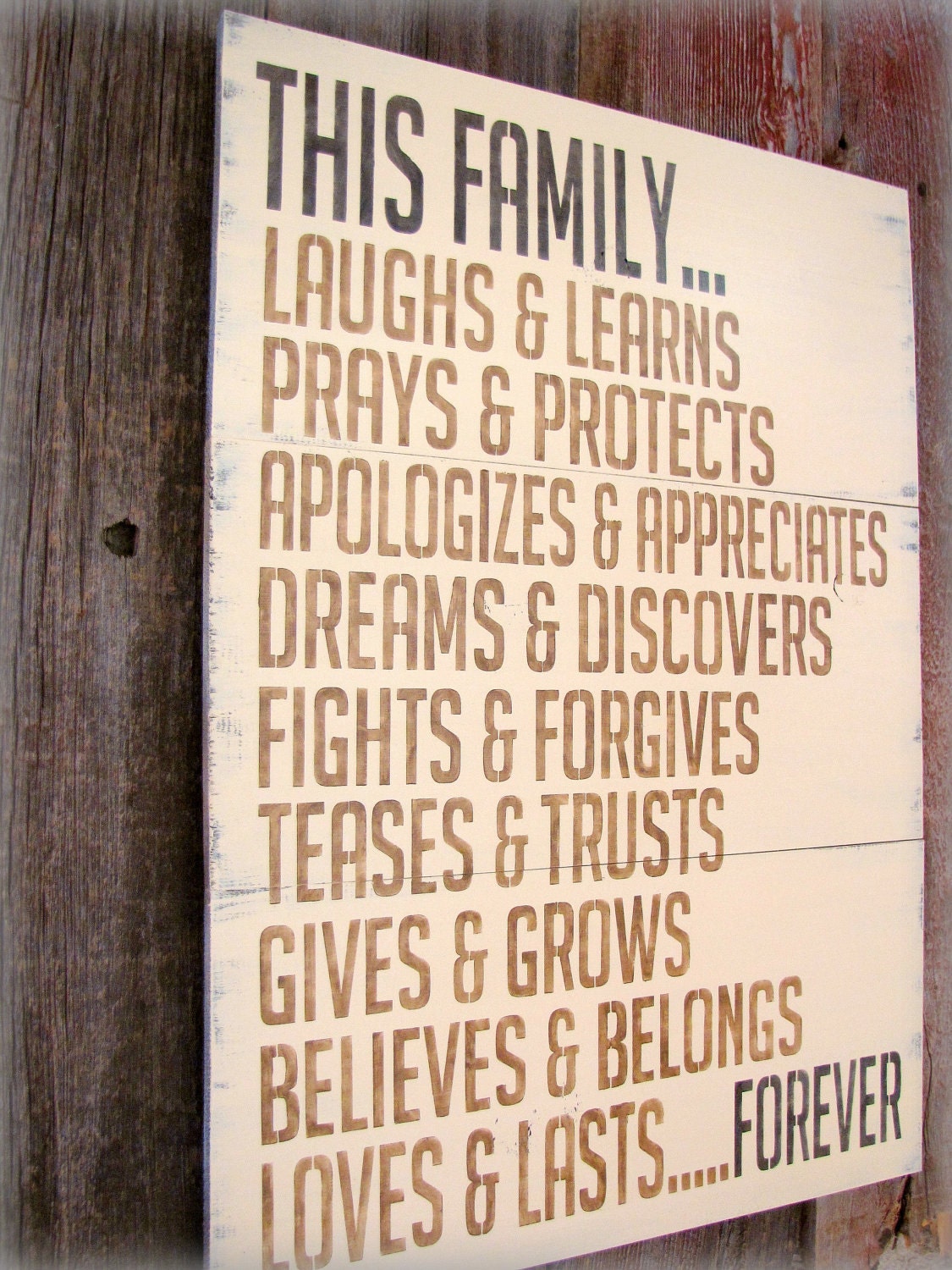 This Family Loves.... Antiqued Plank Typography Sign-Cottage Style