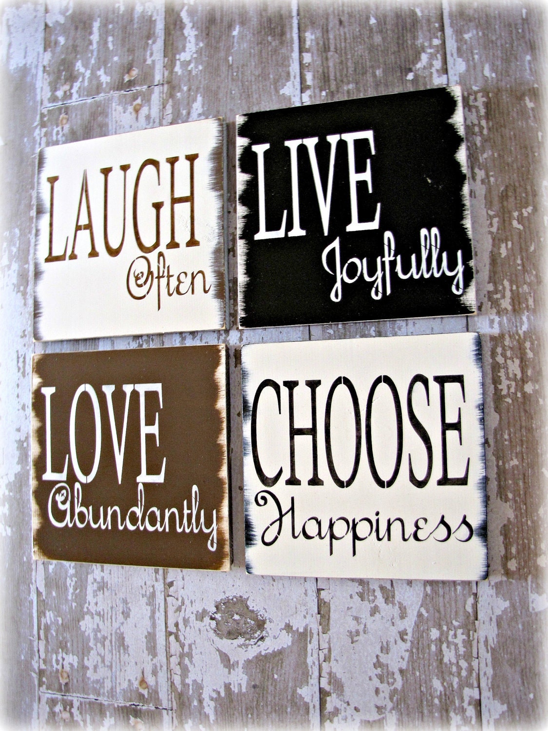 Inspiration Quad Signs-Live Love Laugh Happiness- Shabby Chic Typography Signs-Linen White, Chocolate Brown and Black