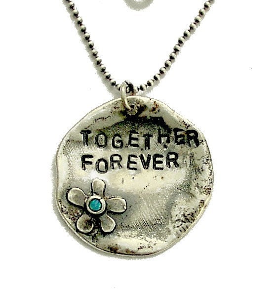 valentines stamped sterling silver customized promise necklace with blue opal gem - Together forever.