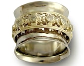 Diamonds eternity wedding band - Wide sterling silver meditation band with yellow gold spinner and diamonds - New beginnings 3.